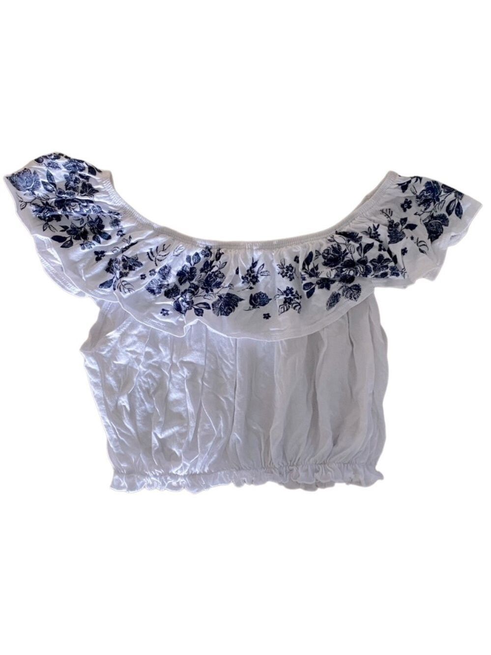 Garage White Off The Shoulder Crop Top Navy Embroidered Collar XS